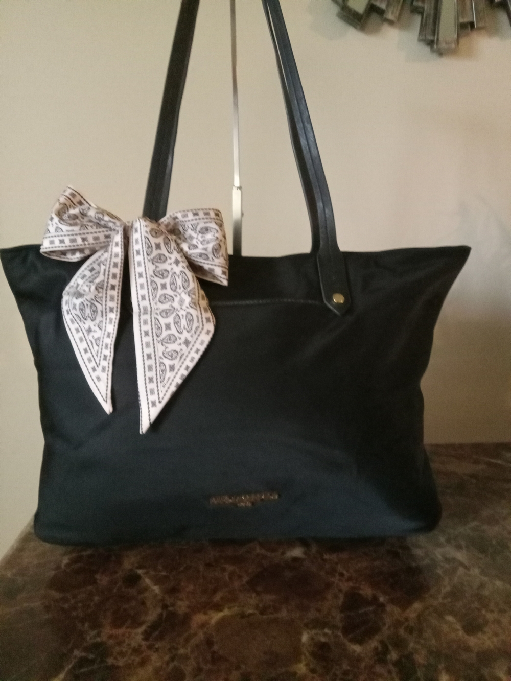 Karl Lagerfeld Blk Nylon/Leather Tote Bag w/ Scarf EUC - Picture 9 of 11